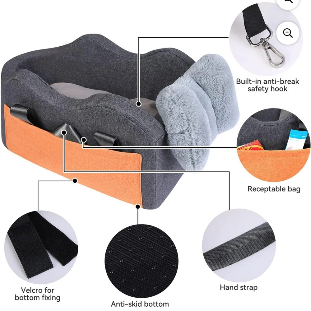 Gray & Orange Plush Dog Car Booster Seat - Secure Travel Bed - Picture 2 of 16